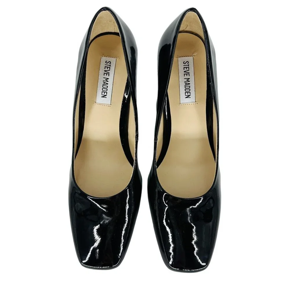 Steve Madden Black Patent Synthetic Leather Square Toe Chunky Block Heel Shoe 8M - Picture 3 of 7
